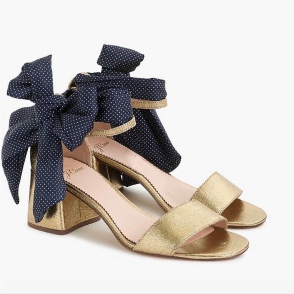 J. CREW Penny Ankle Strap Sandal With Bow Metallic Gold Navy 9 NWOB